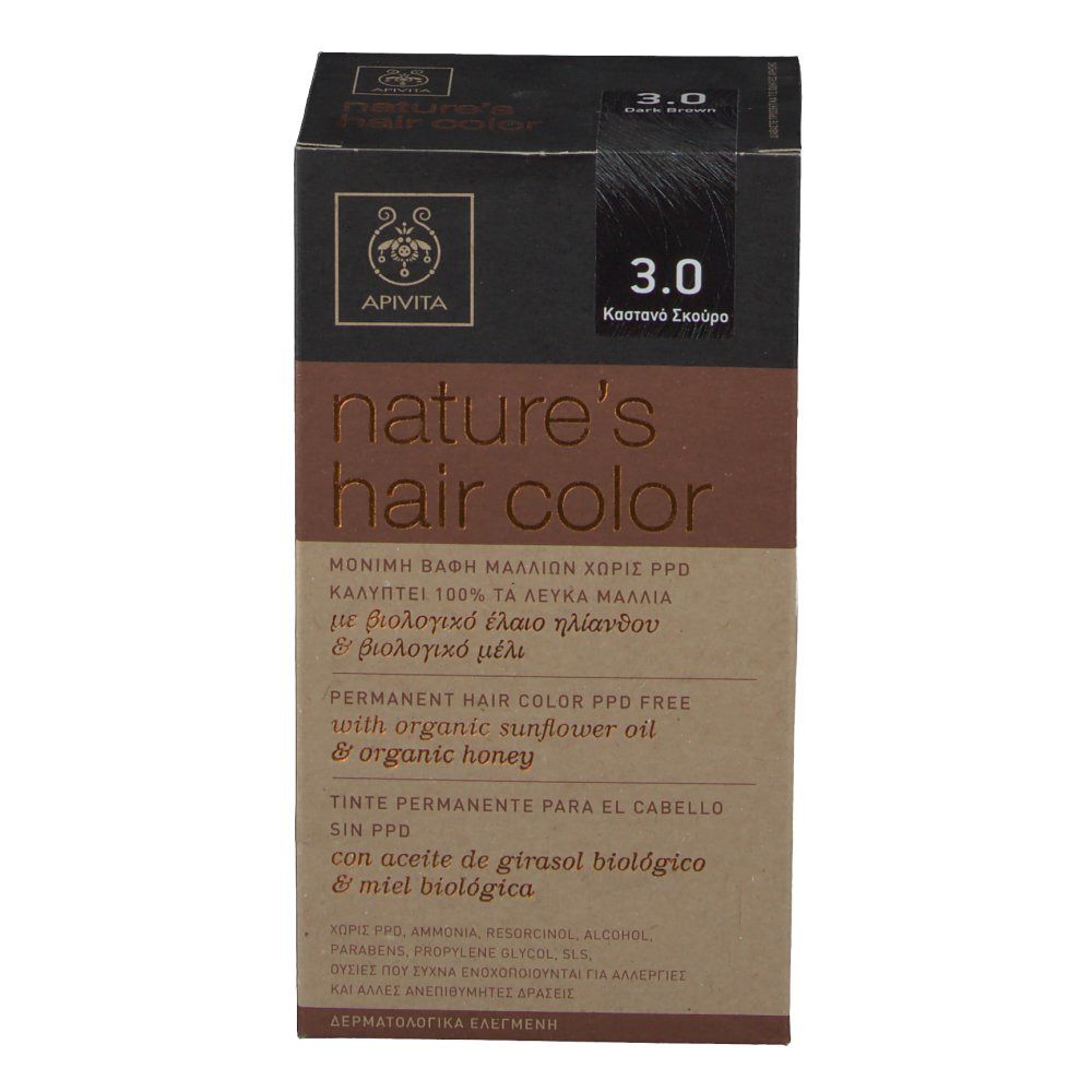 Haarfarben-Box. Aufschrift: nature's hair color, 3.0, Permanent Hair Color PPD free. Enthält Sonnenblumenöl und Honig. Marke Apivita.