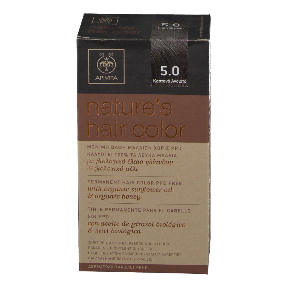 Boîte de coloration capillaire Apivita, 'nature's hair color'. Teinte 5.0, brun clair. Sans PPD. Huile de tournesol et miel.