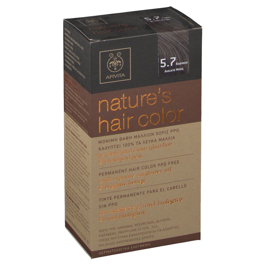 Haarfarbepackung Apivita 5.7, hellbraun beige. Aufschrift: nature's hair color. PPD-frei.