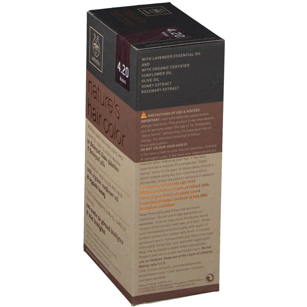 APIVITA Coloration capillaire No. 4.20 Brun violet. Boîte avec informations et logo. Vue latérale.