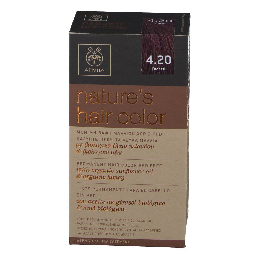 APIVITA Coloration capillaire No. 4.20 Brun violet. Boîte avec informations et logo. Vue en biais.