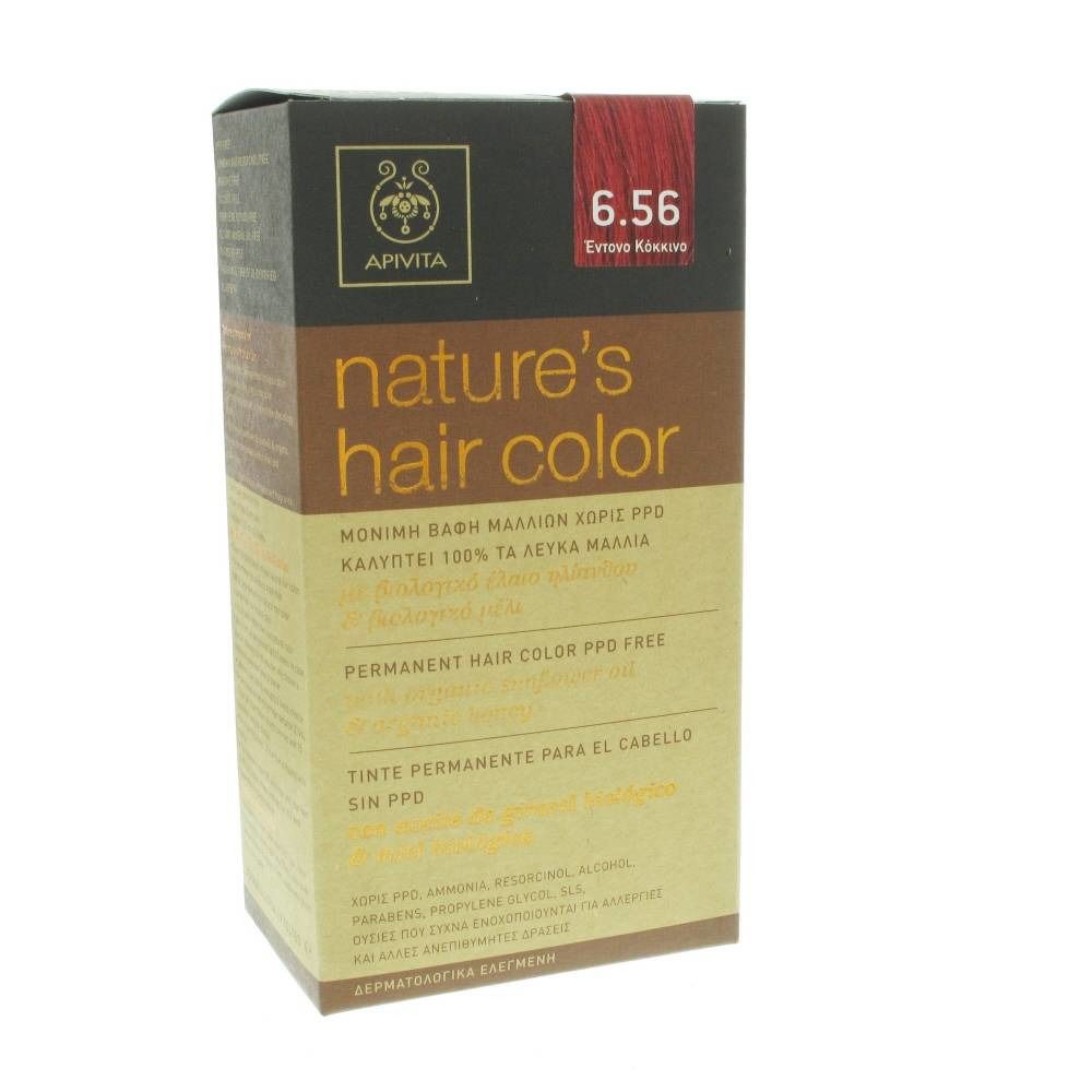 Apivita Coloration Capillaire N6.56. Karton mit Produktinformationen und roter Farbmarkierung. Aufschrift: nature's hair color.