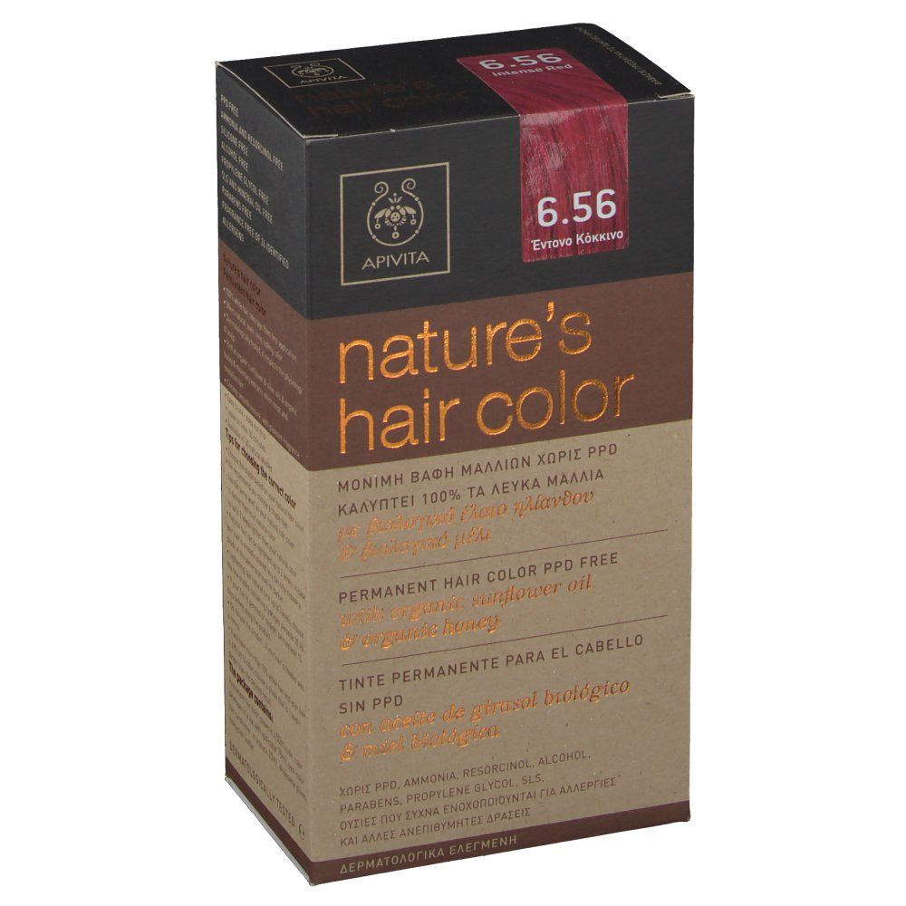 Apivita Coloration Capillaire N6.56. Karton mit Produktinformationen und roter Farbmarkierung. Aufschrift: nature's hair color.