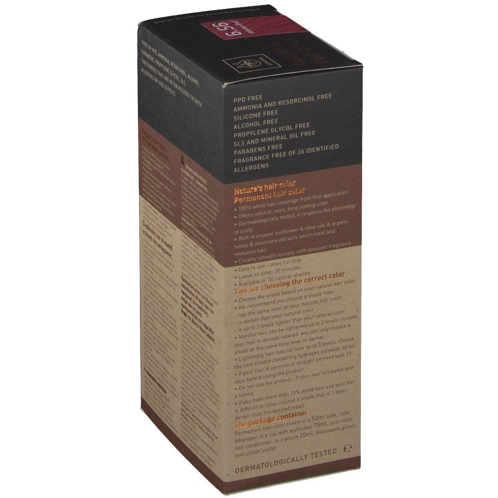 Apivita Coloration Capillaire N6.56. Karton mit Produktinformationen. Aufschrift: nature's hair color. Frei von PPD, Silikonen, Alkohol.