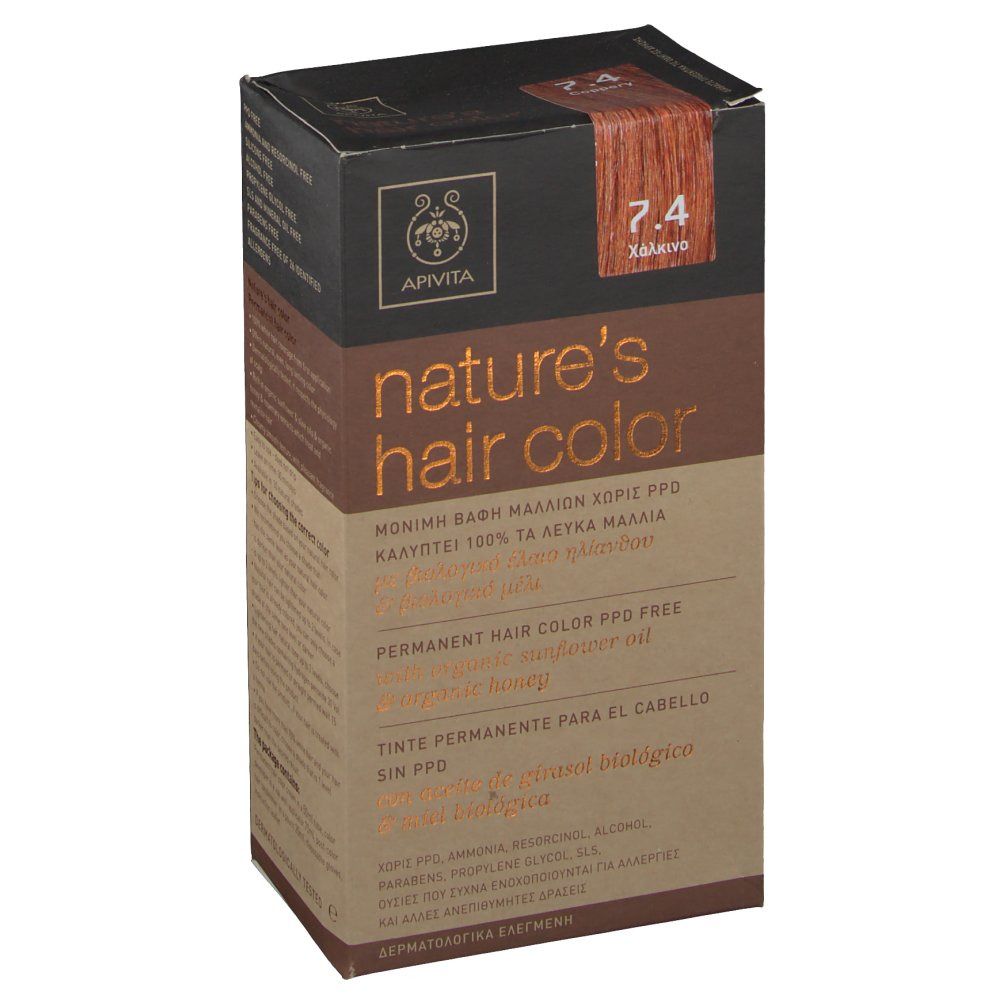 Boîte de coloration capillaire Apivita 7.4 Cuivre. Sans PPD. Huile de tournesol et miel bio. Texte multilingue.
