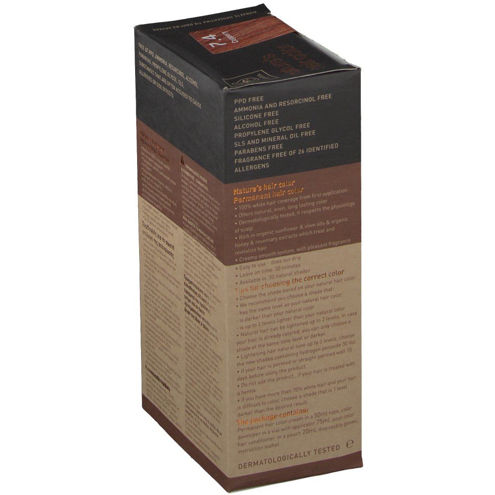 Dos de boîte de coloration capillaire Apivita. Sans PPD, ammoniaque, résorcine, alcool, parabènes, etc. Testé dermatologiquement.