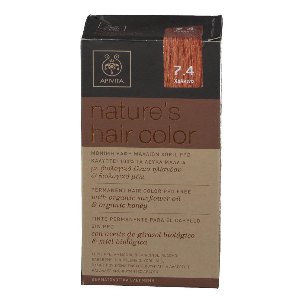 Boîte de coloration capillaire Apivita 7.4 Cuivre. Sans PPD. Huile de tournesol et miel bio. Texte multilingue.
