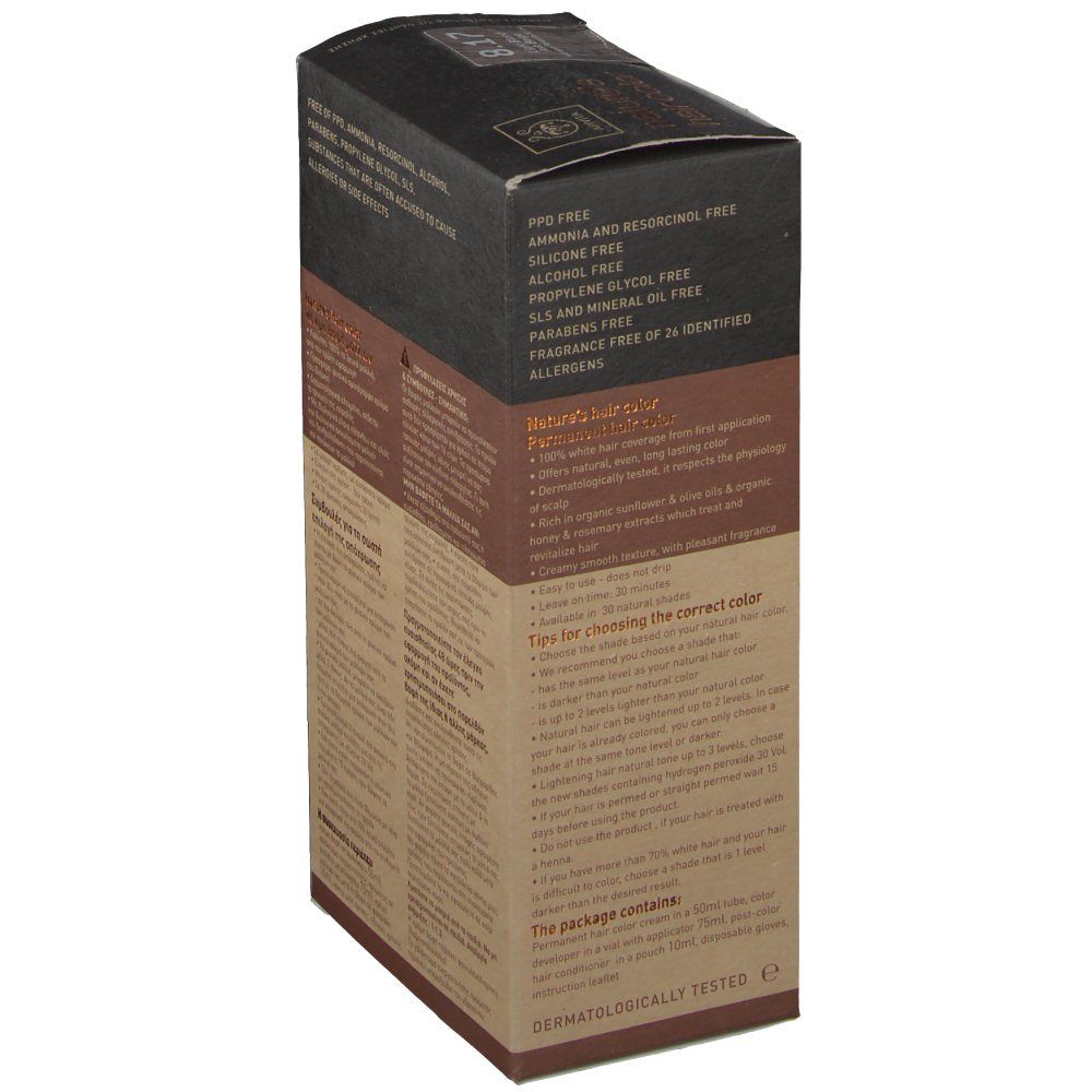 Boîte Apivita Coloration Capillaire N8.17. Informations produit. Vue latérale avec texte.