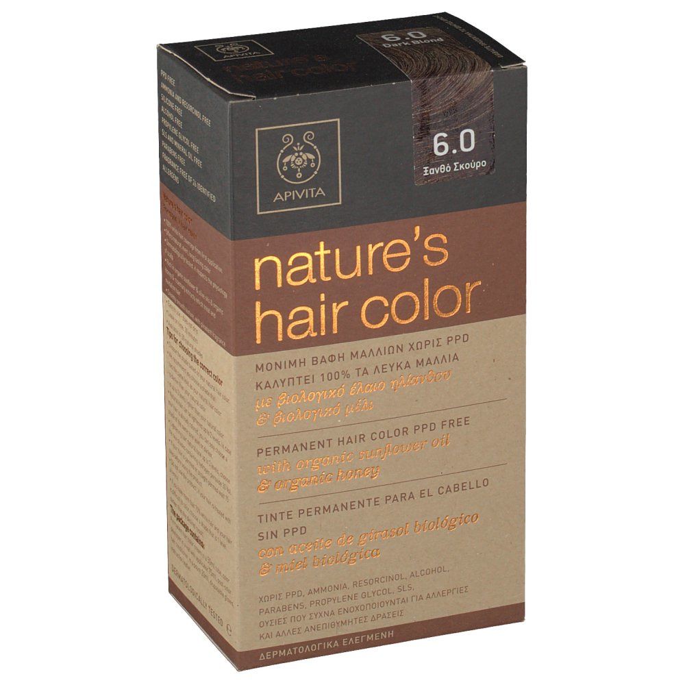 Boîte de coloration capillaire Apivita. Inscription : Nature's hair color, 6.0 Blond Fonce. Sans PPD, avec huile de tournesol et miel.