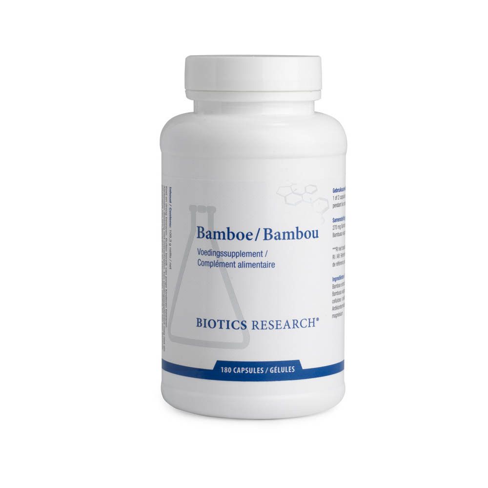 Weiße Flasche mit Bamboe/Bambou-Aufschrift. BIOTICS RESEARCH-Logo. 180 Kapseln. Textinformationen.