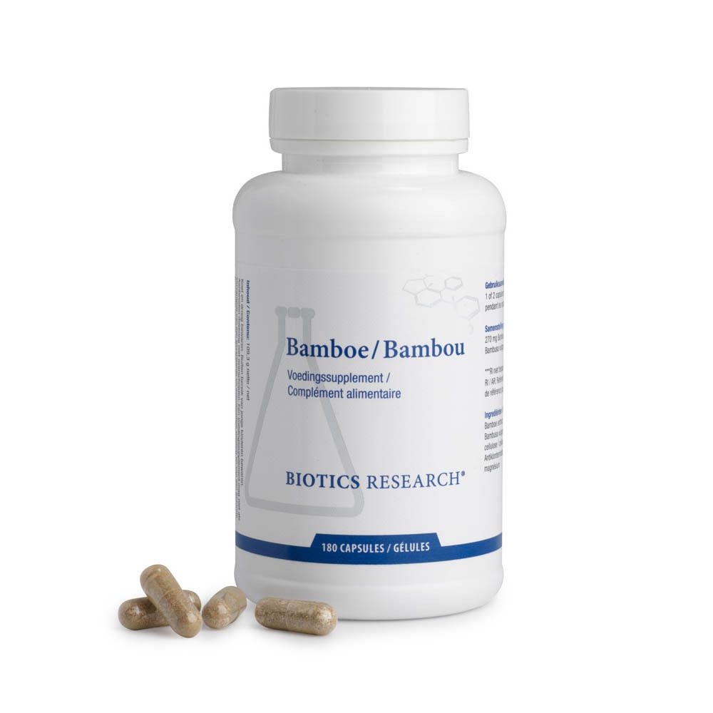Flacon blanc avec inscription Bamboe/Bambou. Logo BIOTICS RESEARCH. 180 gélules. Informations textuelles.