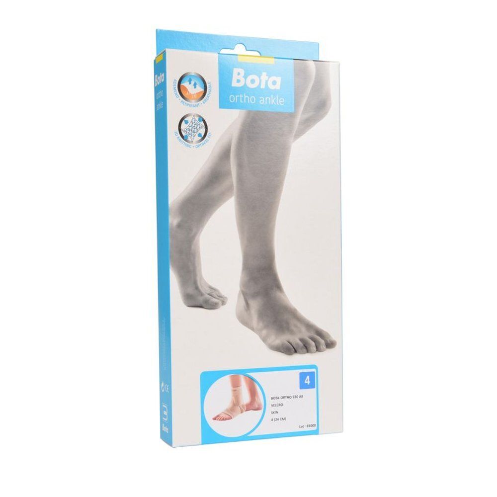 Emballage avec Bota ortho ankle. Illustration de jambes. Nom du produit et logo en haut. Taille 4.
