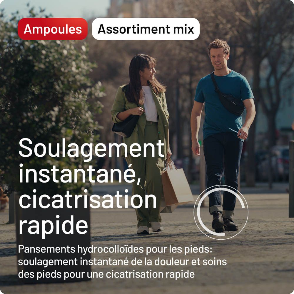 Dos de l'emballage Compeed® Mixpack pansements ampoules. Informations et utilisation.