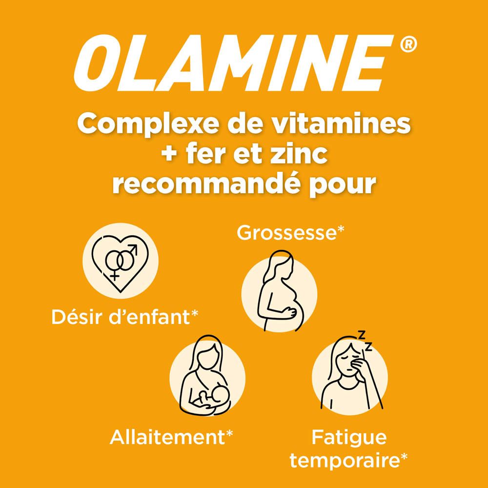 Emballage Olamin. Contient des informations sur les vitamines et minéraux. Nouvelle formule. 60 gélules.