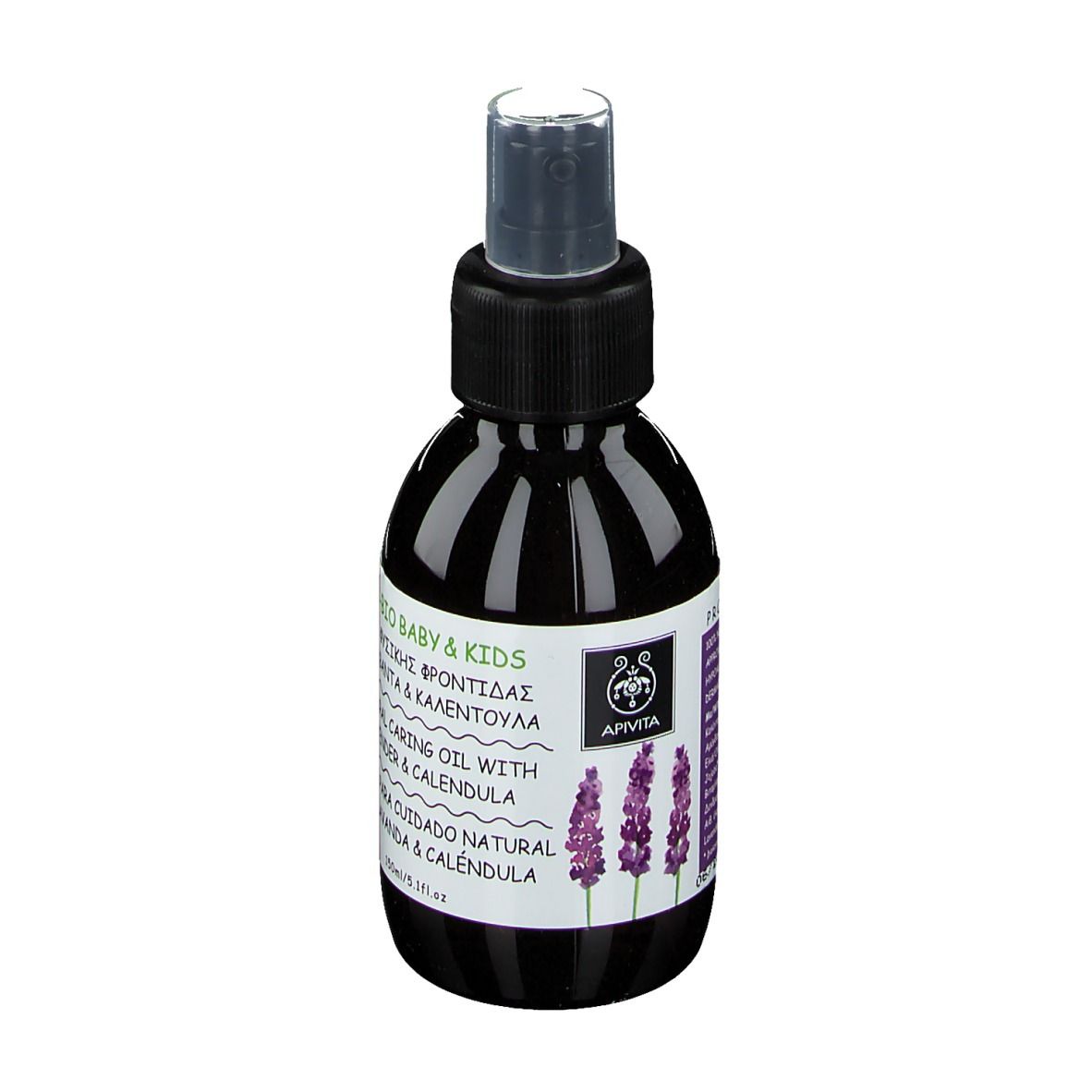 Dunkle Flasche mit Sprühkopf. Aufschrift: ECO-BIO BABY & KIDS, Natural Caring Oil mit Lavendel & Calendula. Apivita Logo.