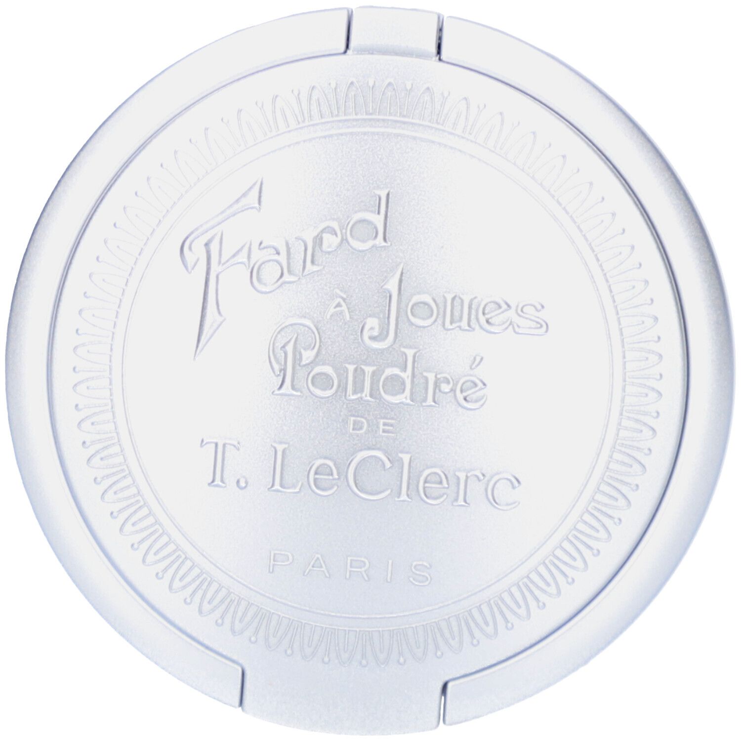 Boîtier cosmétique rond argenté. Inscription en relief : Far à Joues Poudré de T. LeClerc Paris.