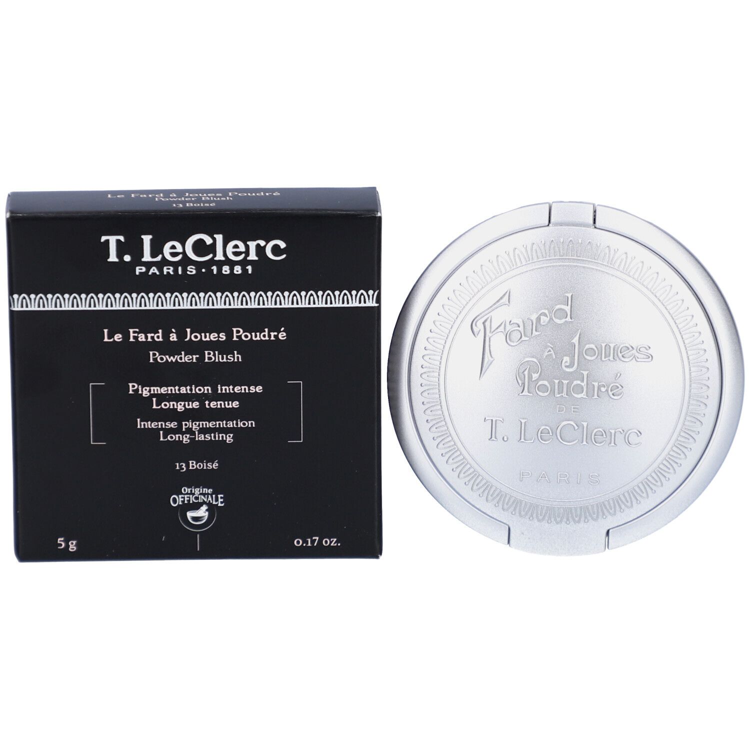 Emballage noir et boîtier cosmétique argenté. Inscription : T. LeClerc Paris. Nom du produit et détails.