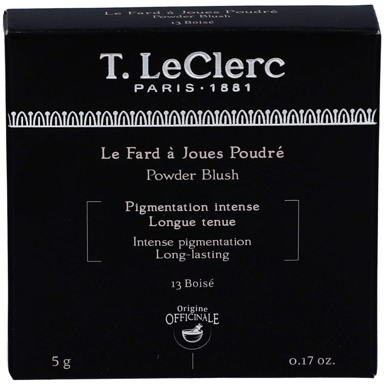 Emballage noir. Inscription : T. LeClerc Paris. Nom du produit : Powder Blush. Détails : Pigmentation intense, Longue tenue.