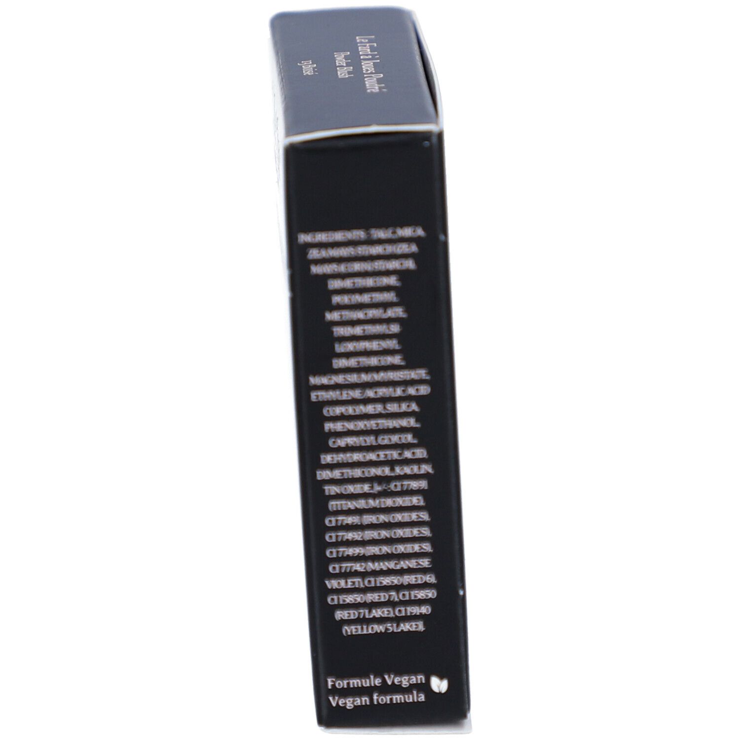 Emballage noir, vue latérale. Liste des ingrédients, Formule Vegan.