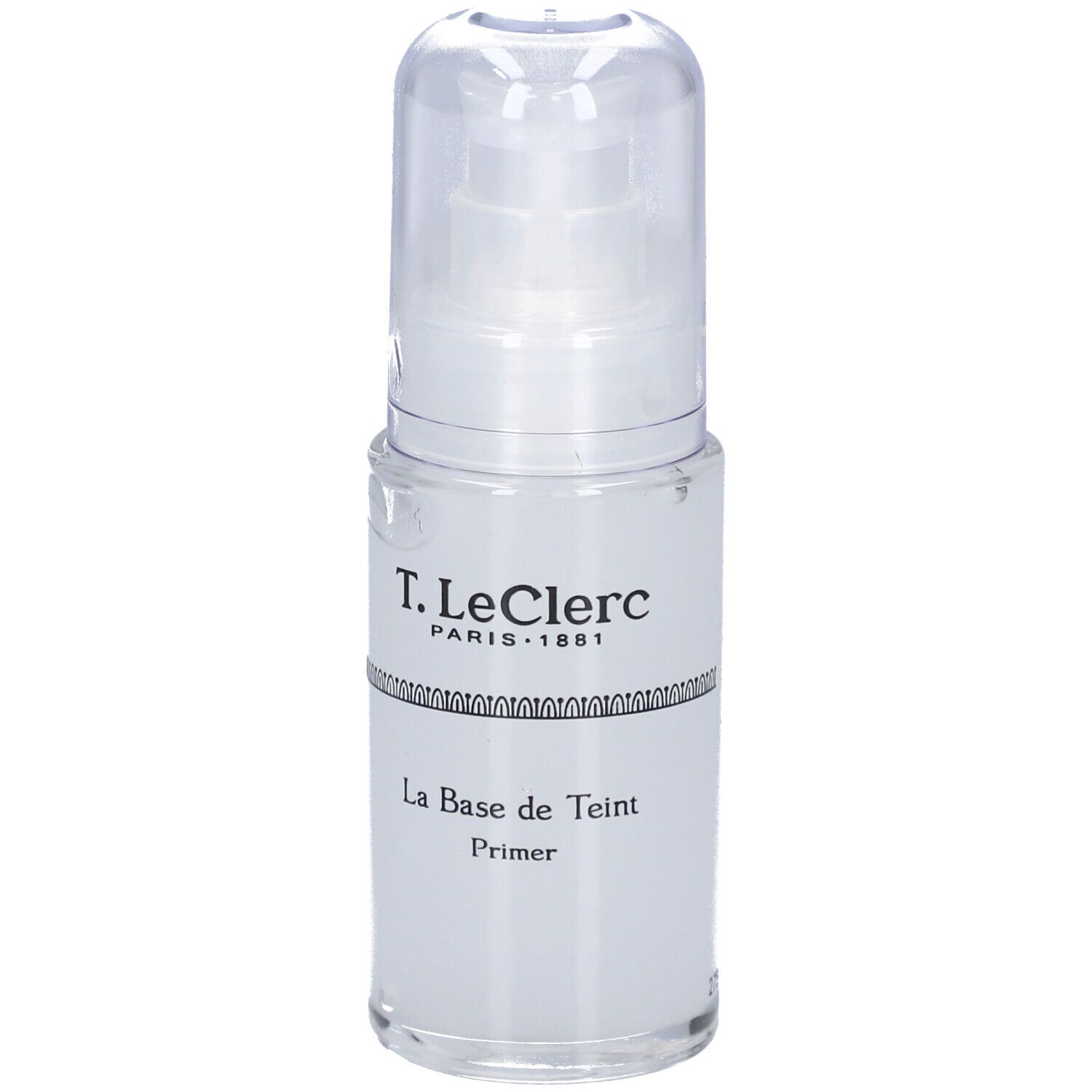 Flacon transparent avec pompe. Inscription: T. LeClerc, La Base de Teint Primer.