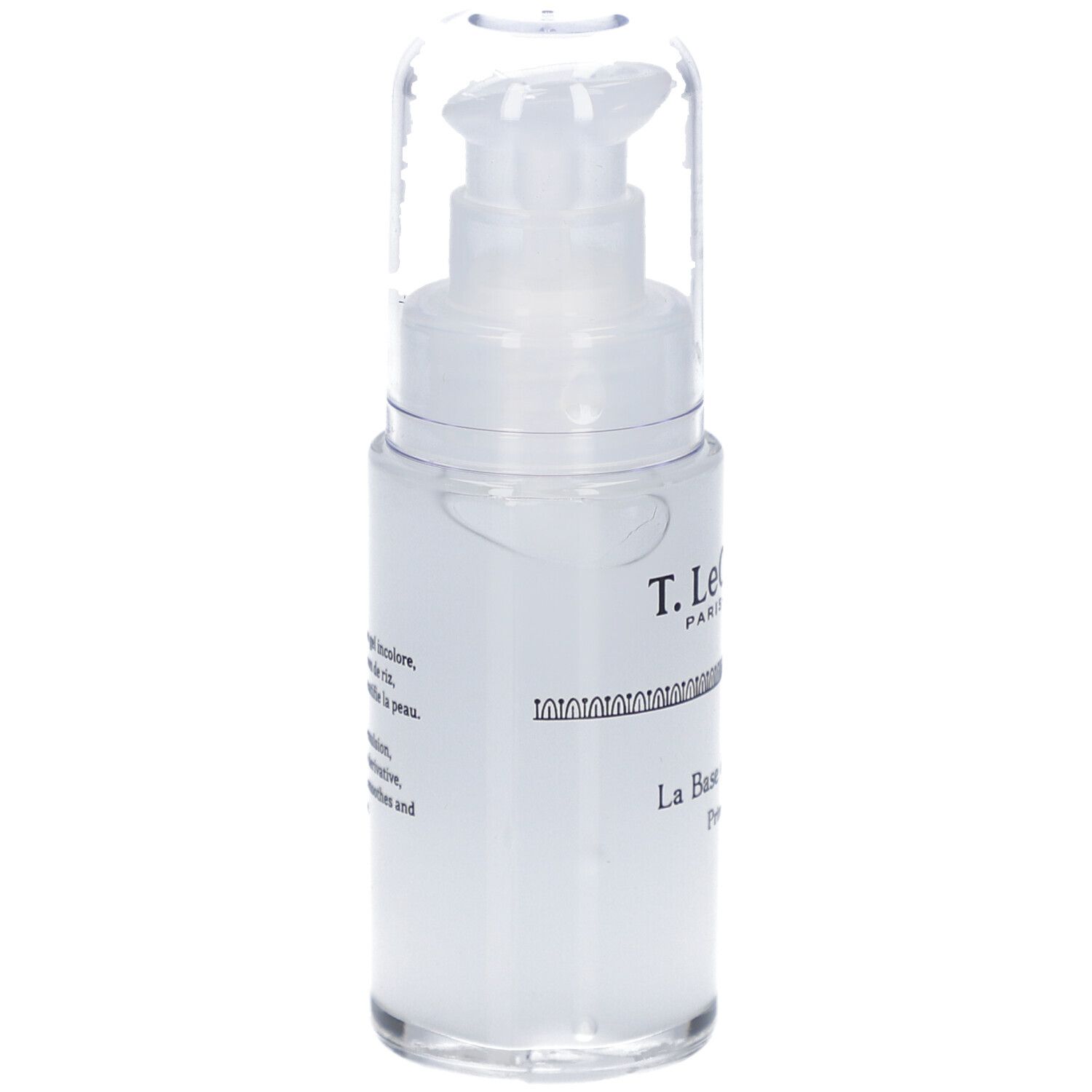 Flacon transparent avec pompe. Inscription: T. LeClerc, La Base de Teint Primer.