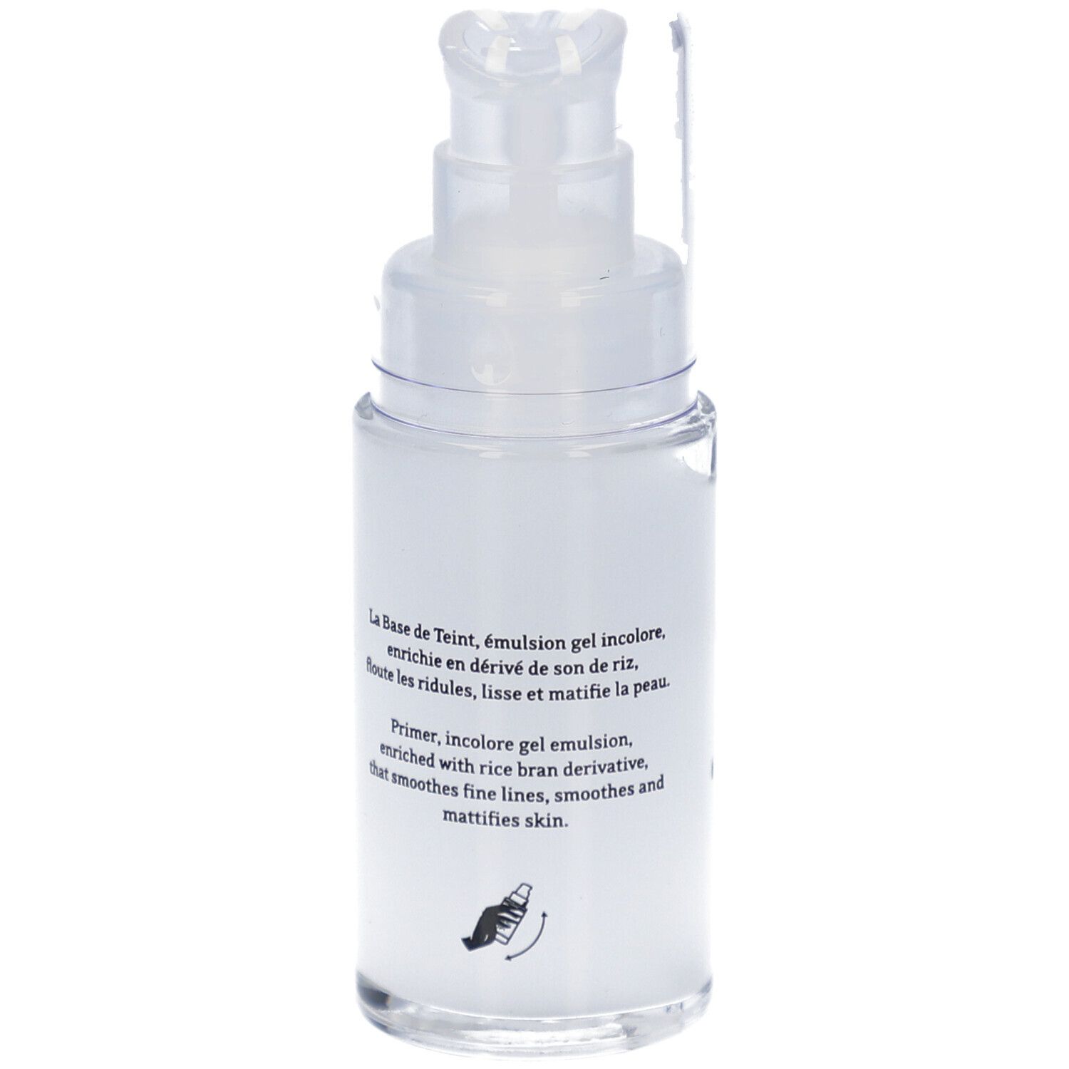 Flacon transparent avec pompe. Texte: La Base de Teint, Primer. Ingrédients.