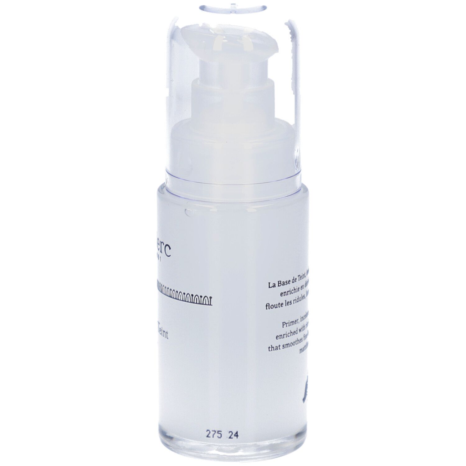 Flacon transparent avec pompe. Inscription: T. LeClerc, La Base de Teint Primer. Numéro 275 24.
