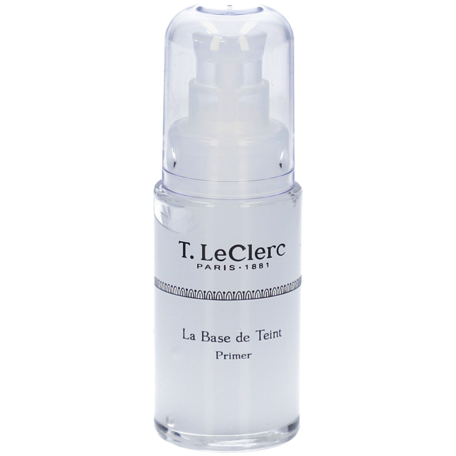 Flacon transparent avec pompe. Inscription: T. LeClerc, La Base de Teint Primer.