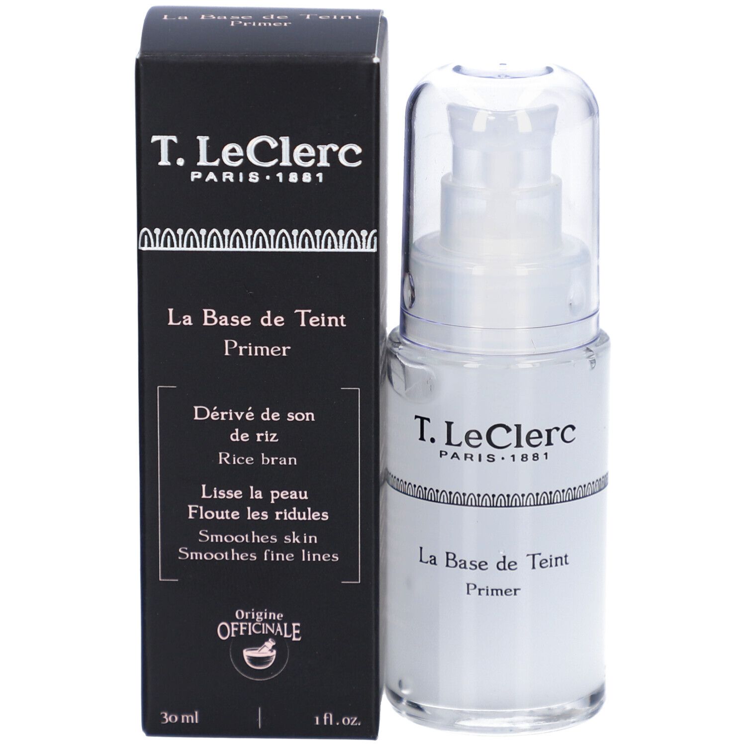Flacon et boîte noire. Inscription: T. LeClerc, La Base de Teint Primer. 30 ml.