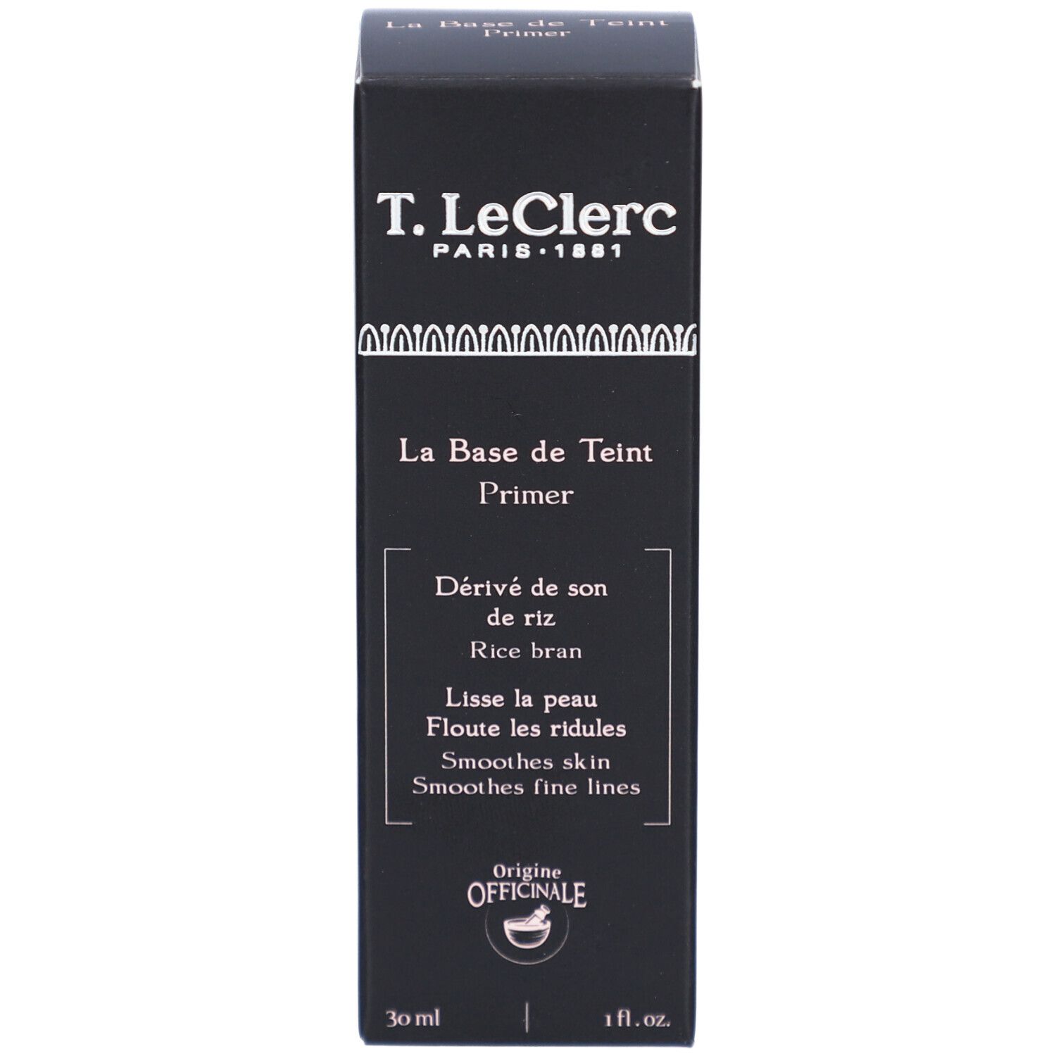 Boîte noire. Inscription: T. LeClerc, La Base de Teint Primer. 30 ml.