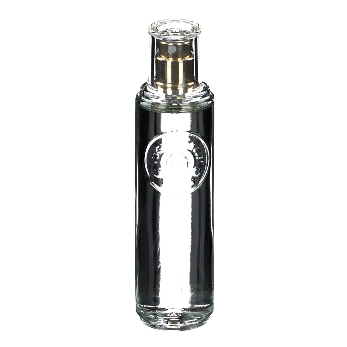 Glasflakon mit Zerstäuber. Klar, mit goldfarbenem Sprühkopf. Logo auf dem Etikett.