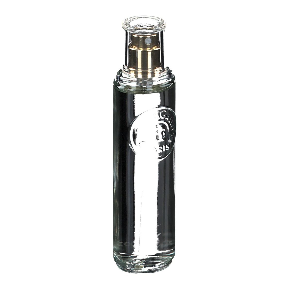 Glasflakon mit Zerstäuber. Klar, mit goldfarbenem Sprühkopf. Logo auf dem Etikett.