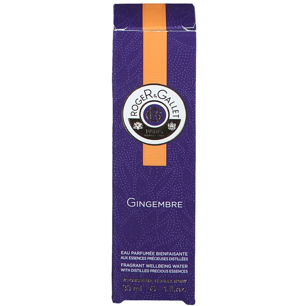 Verpackung. Rechteckig, lila mit orangefarbenem Streifen. Logo und Produktname.