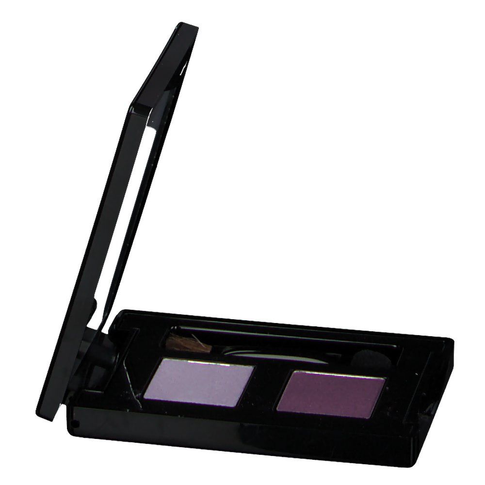 Lidschatten-Duo in schwarzer Verpackung. Zwei Farbtöne: Lila und Pflaume. Mit Applikator. Deckel geöffnet.