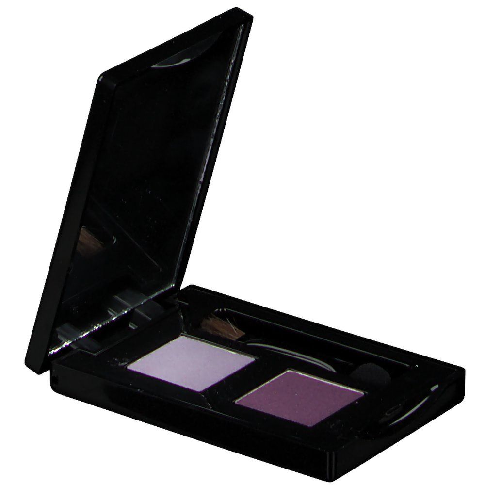 Lidschatten-Duo in schwarzer Verpackung. Zwei Farbtöne: Lila und Pflaume. Mit Applikator und Spiegel. Deckel geöffnet.
