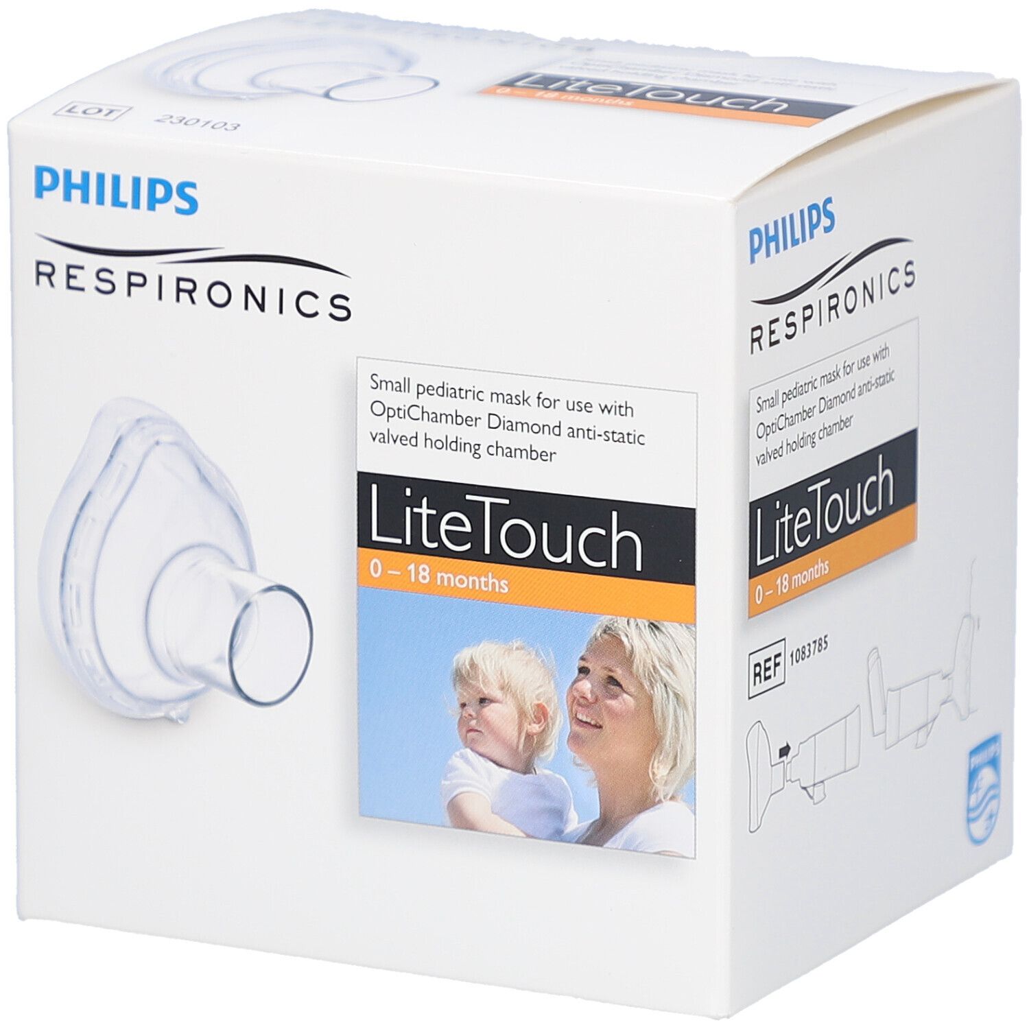 Verpackung von Philips Respironics. Enthält LiteTouch Maske für 0-18 Monate. Mit Abbildung eines Kindes.