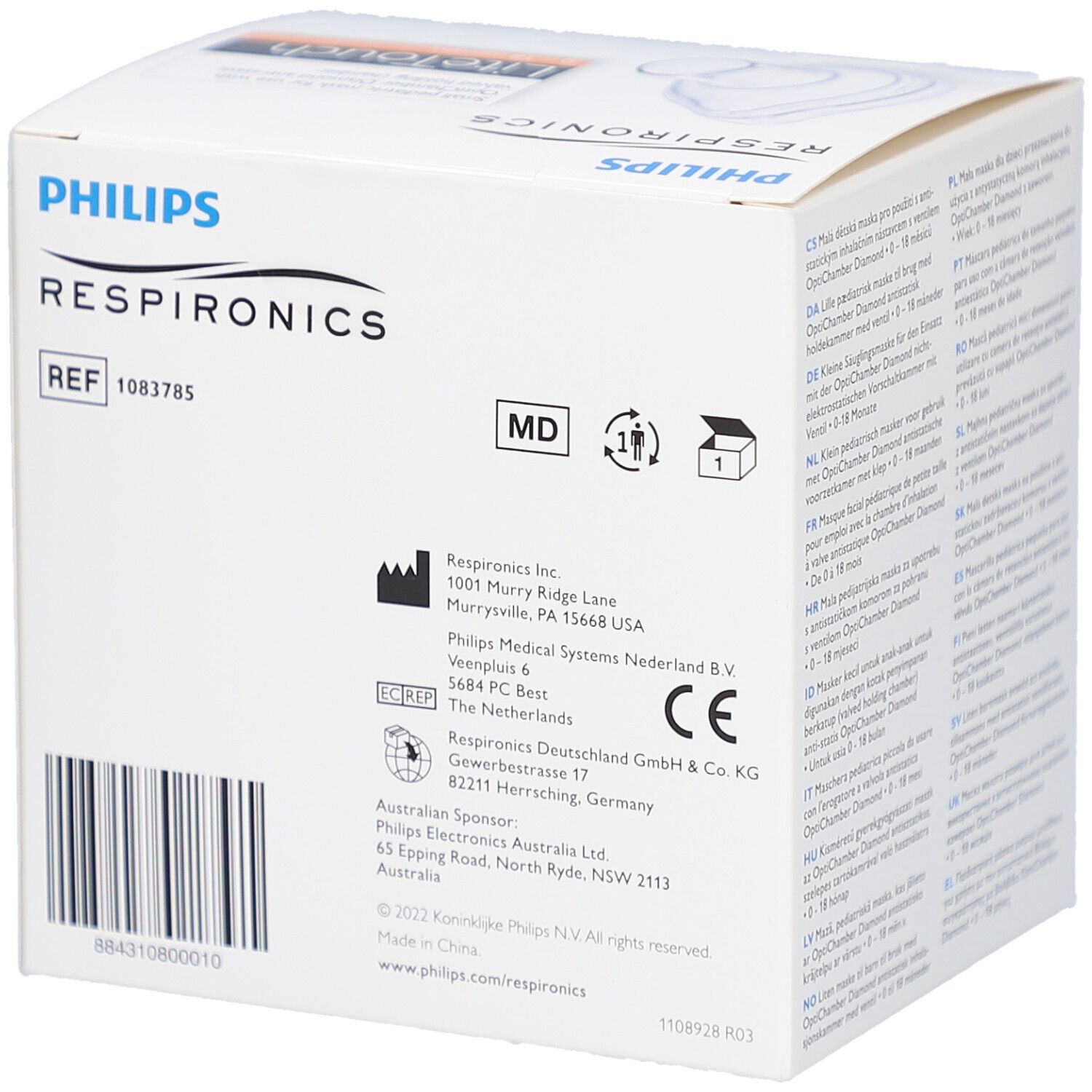 Verpackung von Philips Respironics. Enthält Informationen und Zertifizierungen. LiteTouch Maske.