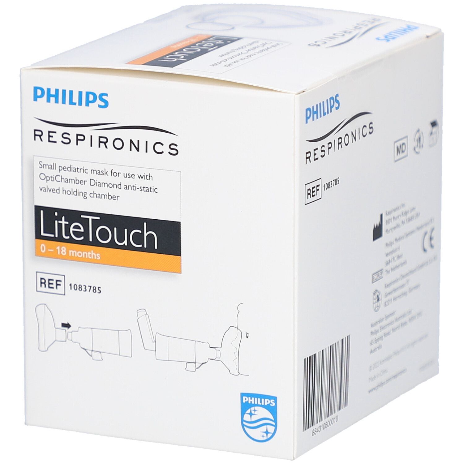 Verpackung von Philips Respironics. Enthält LiteTouch Maske für 0-18 Monate. Mit Abbildung.