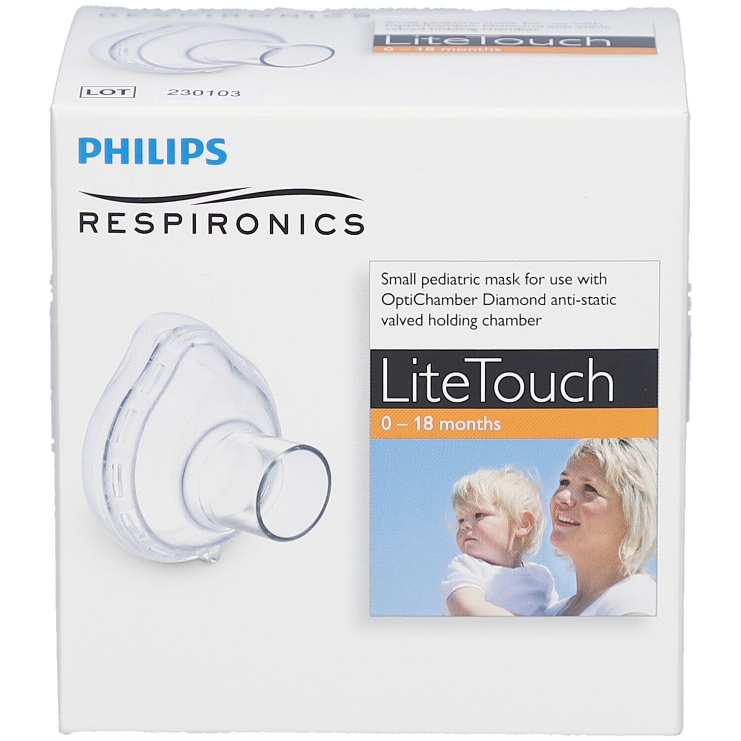Verpackung von Philips Respironics. Enthält LiteTouch Maske für 0-18 Monate. Mit Abbildung.