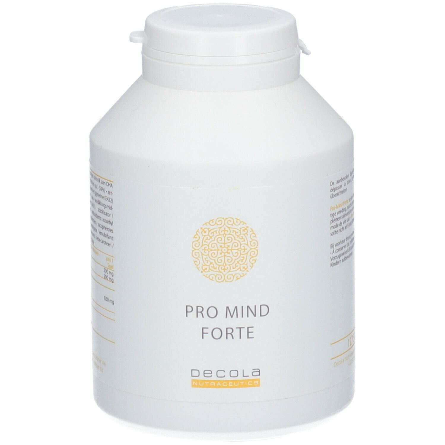 Weiße Flasche mit Deckel. Aufschrift: PRO MIND forte, Decola. Gelbes Muster.