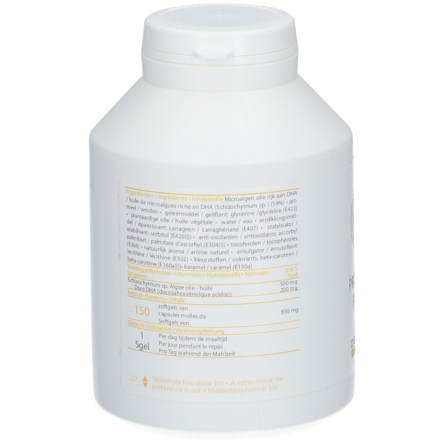 Weiße Flasche, Rückseite. Text in mehreren Sprachen. Zutatenliste und Nährwertangaben.