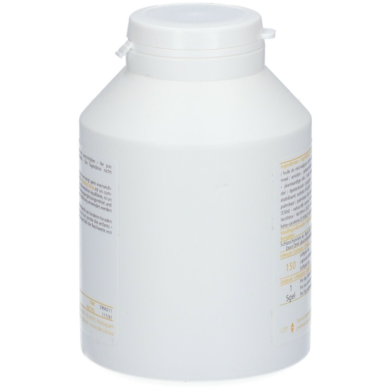 Weiße Flasche, Rückseite. Text in mehreren Sprachen. Zutatenliste und Nährwertangaben.