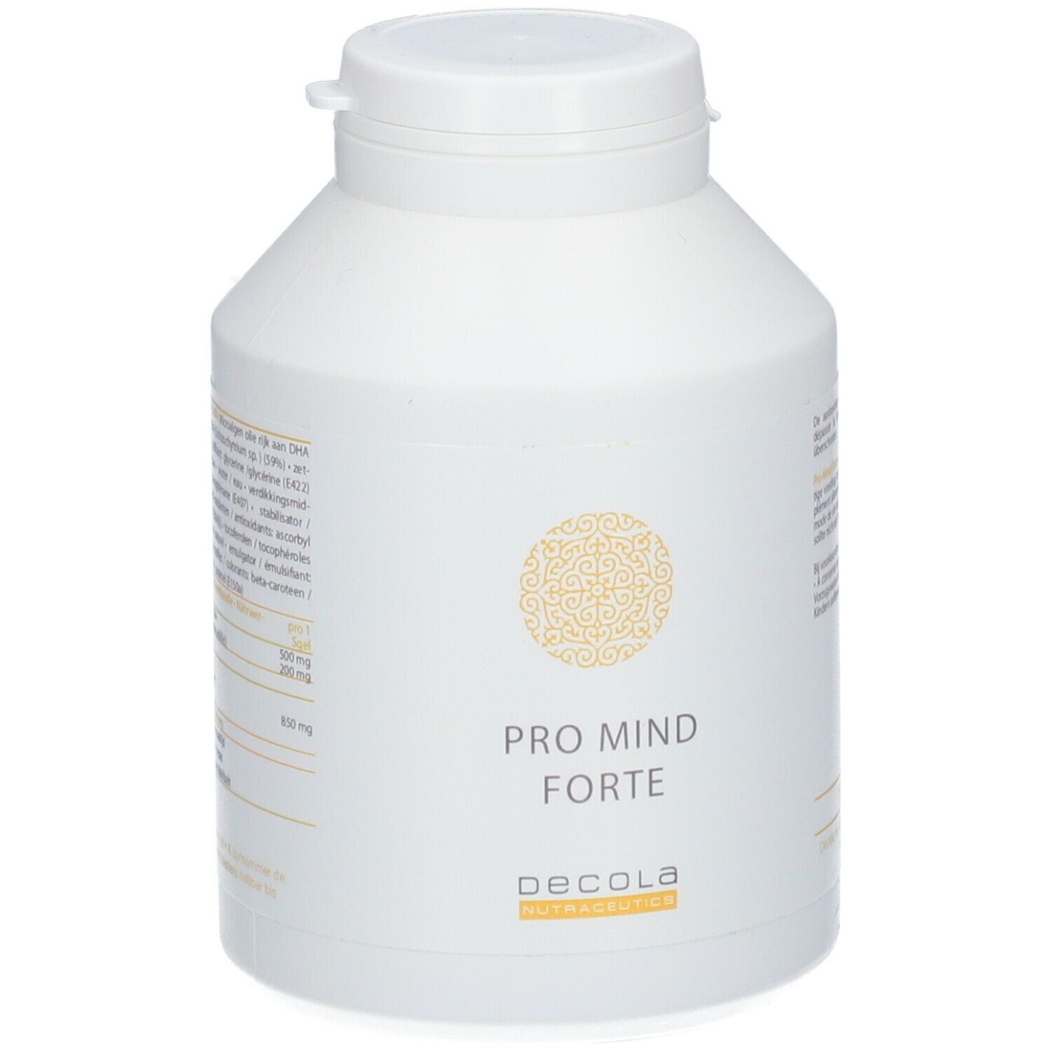 Weiße Flasche mit Deckel. Aufschrift: PRO MIND forte, Decola. Gelbes Muster.