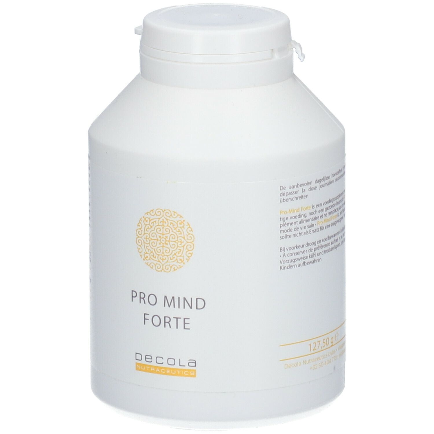 Weiße Flasche mit Deckel. Aufschrift: PRO MIND forte, Decola. Gelbes Muster.