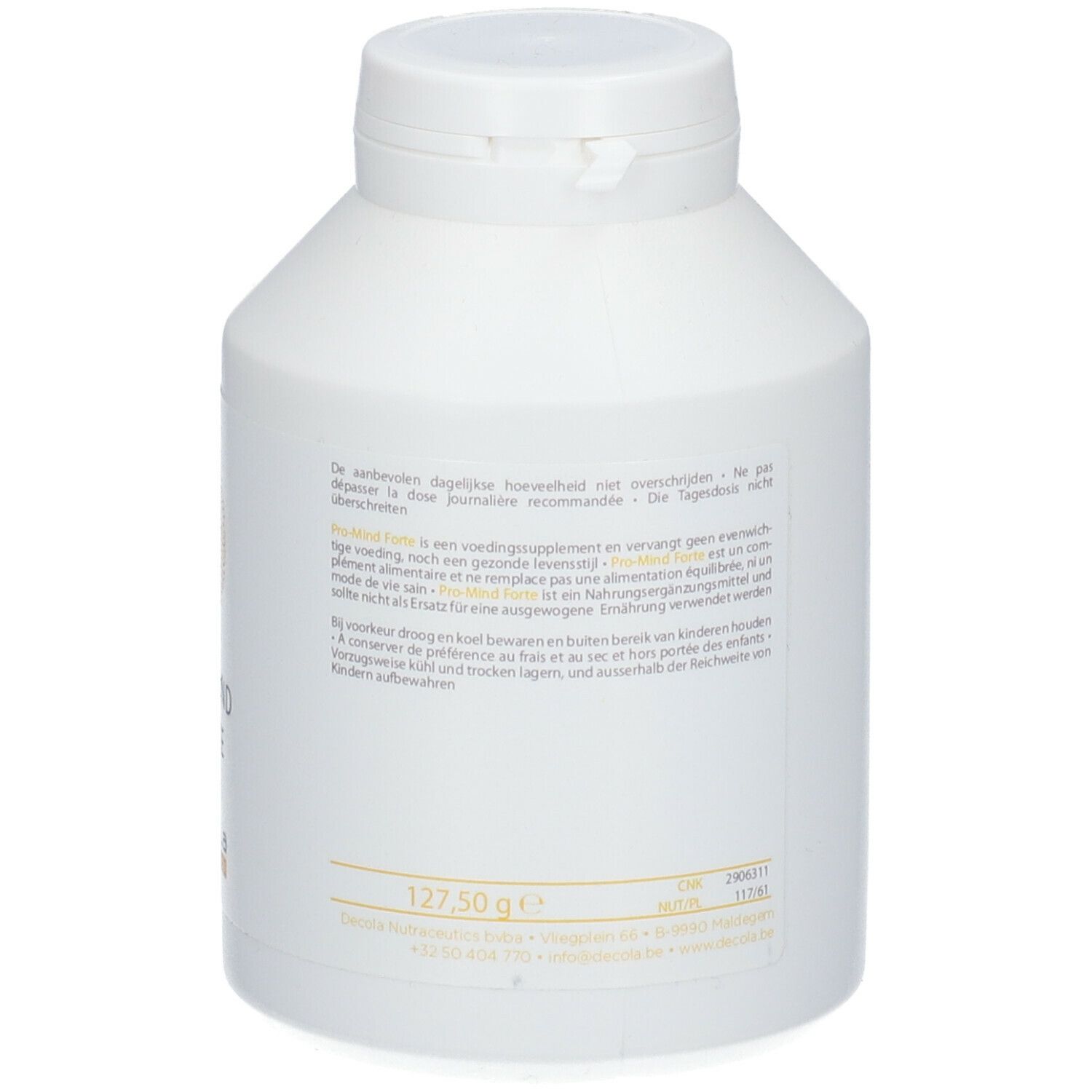 Weiße Flasche, Rückseite. Text in mehreren Sprachen. Zutatenliste und Nährwertangaben.