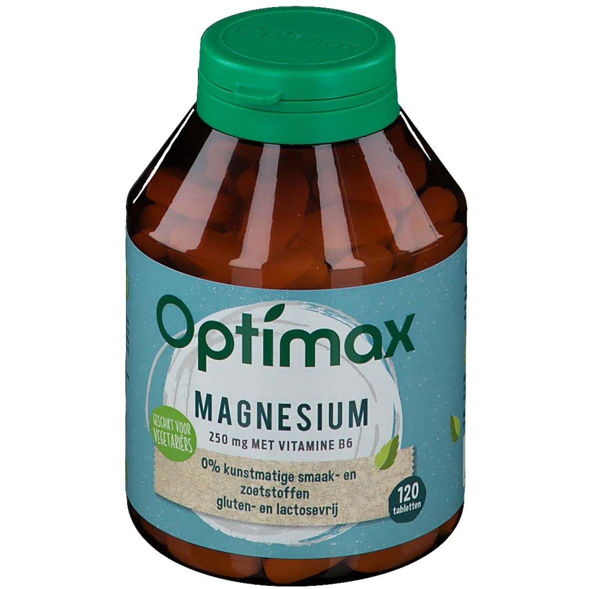 Braune Flasche mit grünem Deckel. Aufschrift: Optimax Magnesium 250 mg mit Vitamin B6. 120 Tabletten. Geeignet für Vegetarier.