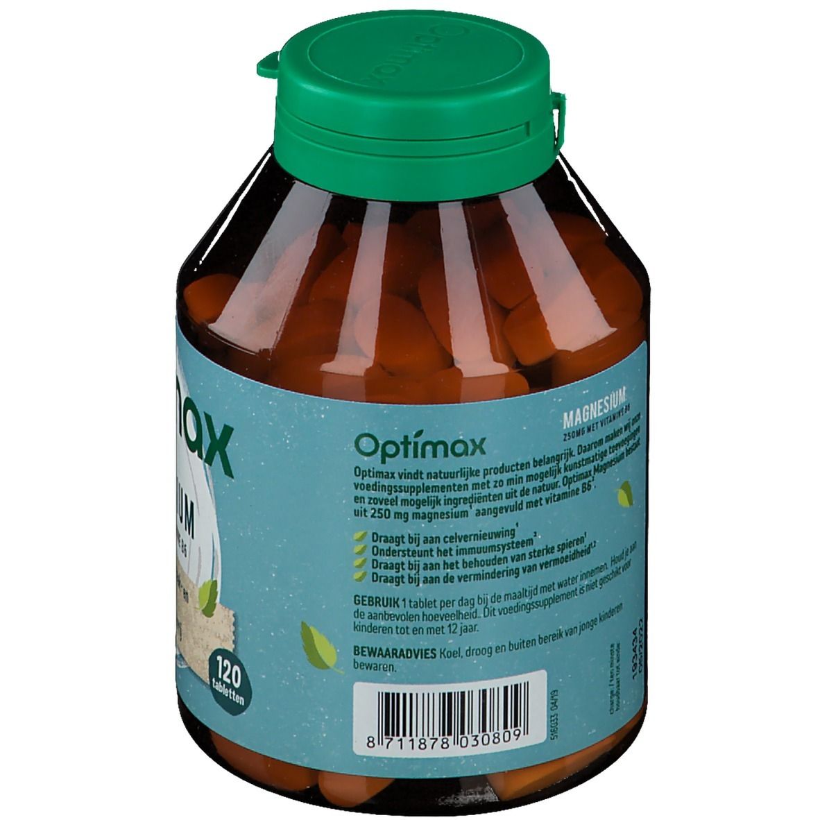 Rückseite einer braunen Flasche mit grünem Deckel. Text: Optimax Magnesium. 120 Tabletten. Inhaltsangaben und Gebrauchsanweisung.