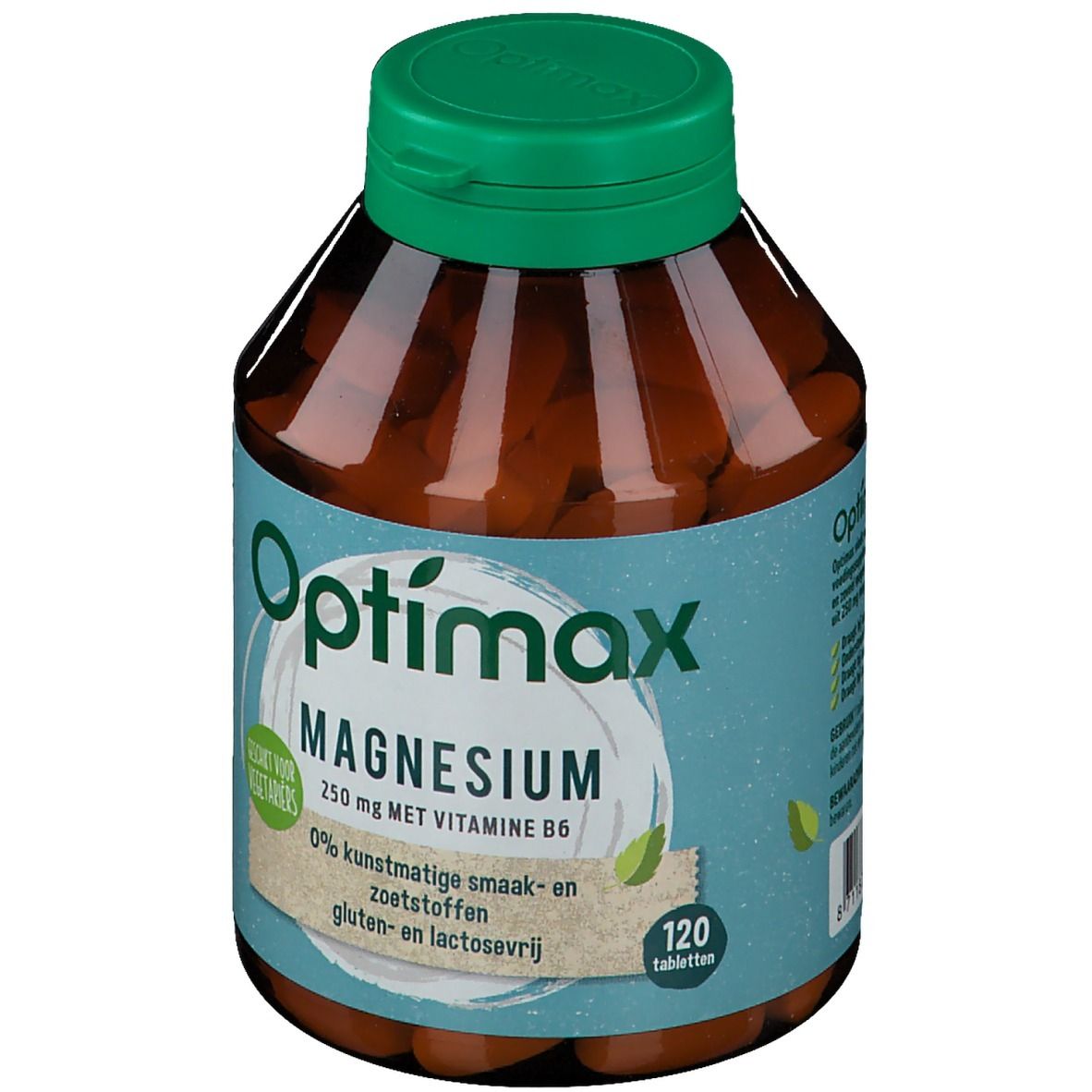 Braune Flasche mit grünem Deckel. Aufschrift: Optimax Magnesium 250 mg mit Vitamin B6. 120 Tabletten.