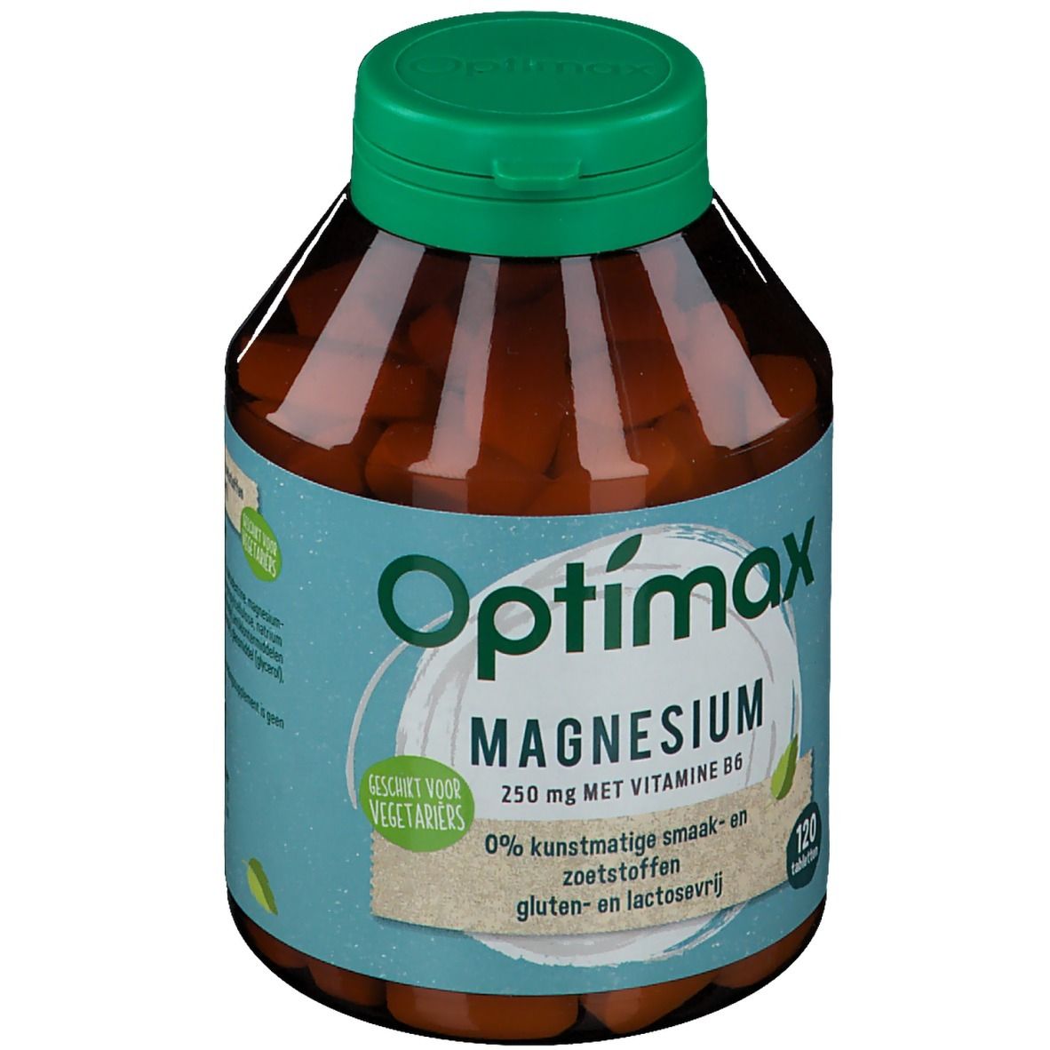 Braune Flasche mit grünem Deckel. Aufschrift: Optimax Magnesium 250 mg mit Vitamin B6. 120 Tabletten. Geeignet für Vegetarier.
