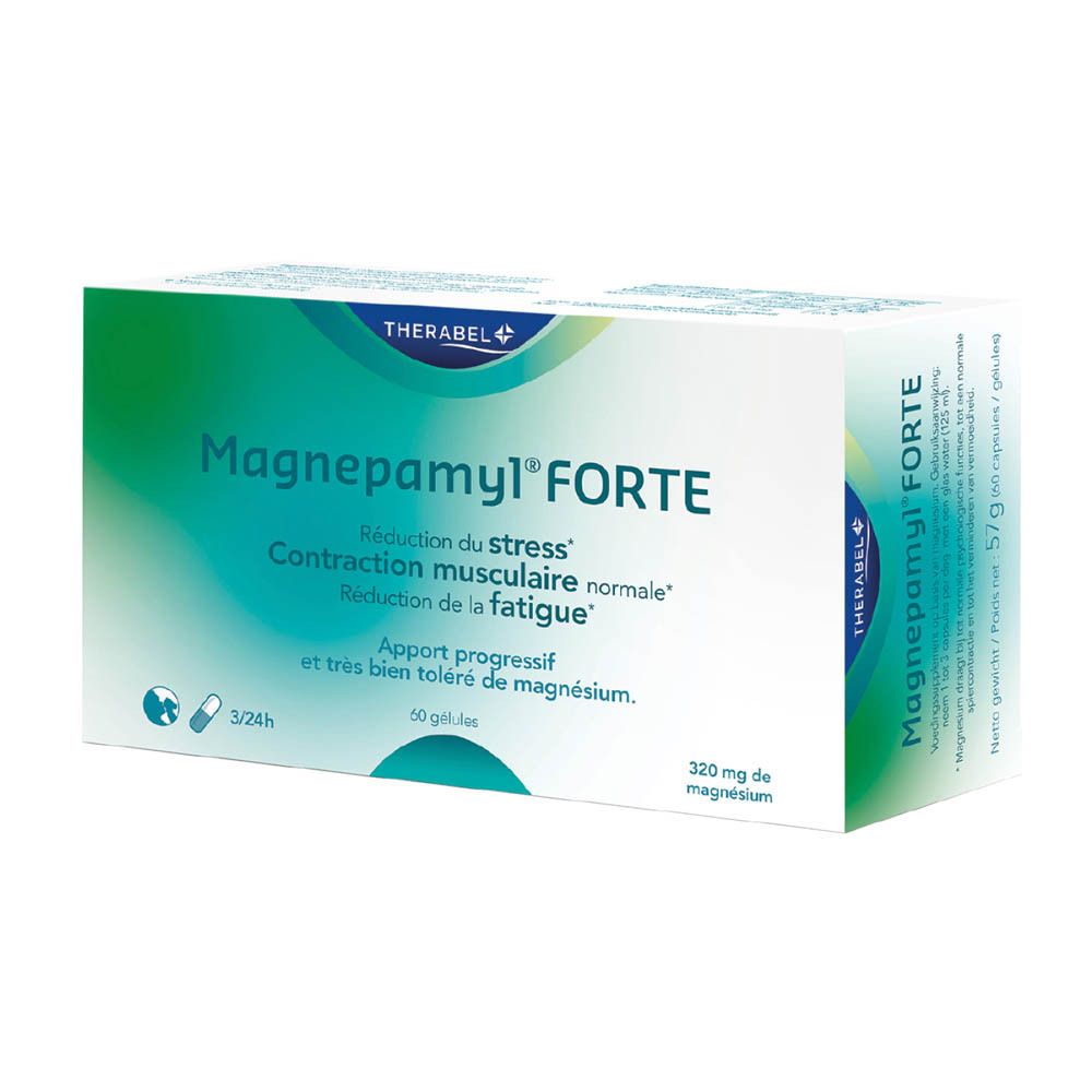 Boîte Magnepamyl Forte. Inscription: Réduction du stress, Contraction musculaire normale, Réduction de la fatigue. Contient 50 gélules.